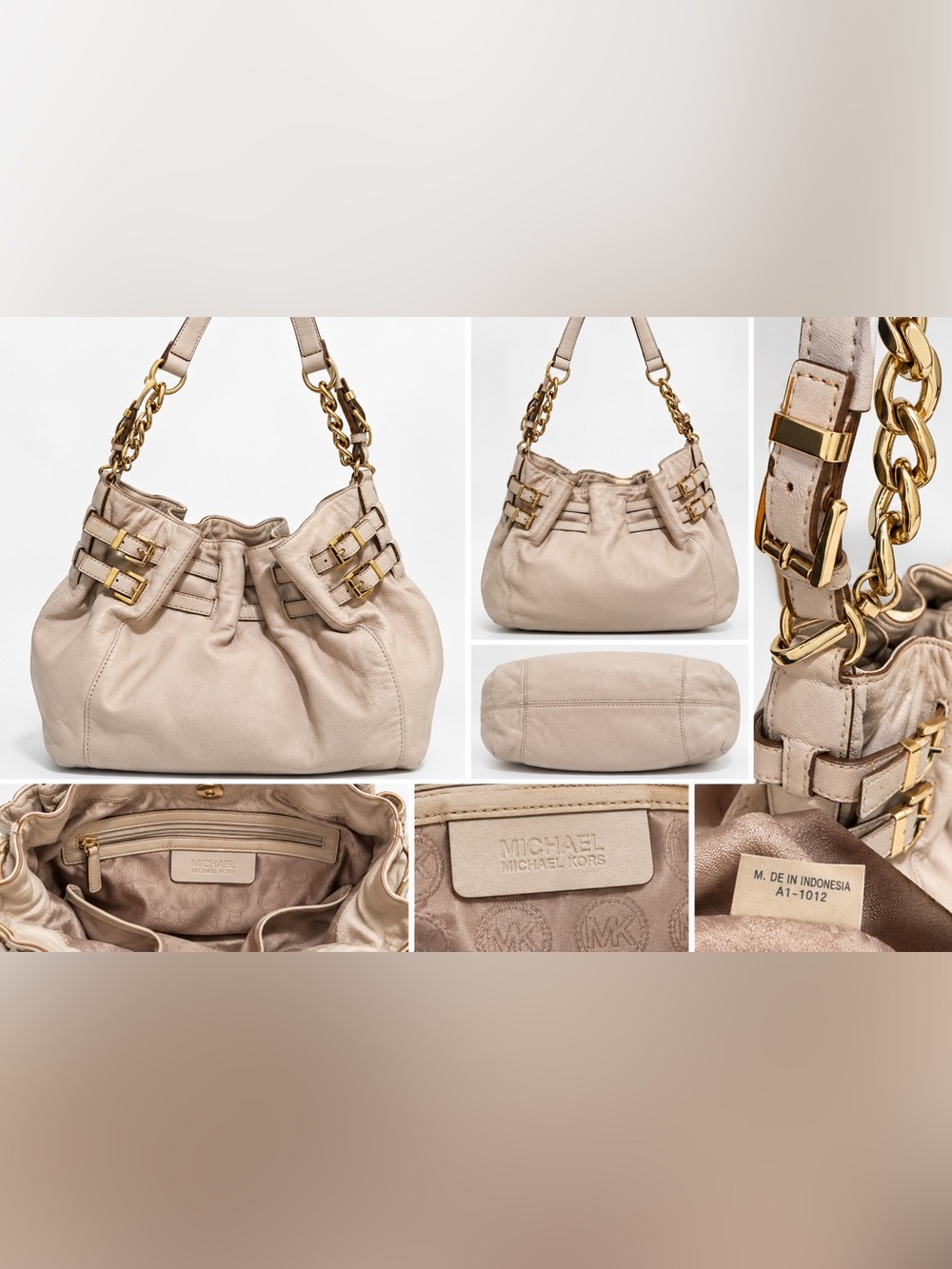 Michael Kors Soft Leather Hobo Shoulder Bag Ivory Cream Gold Chain Buckle Detail